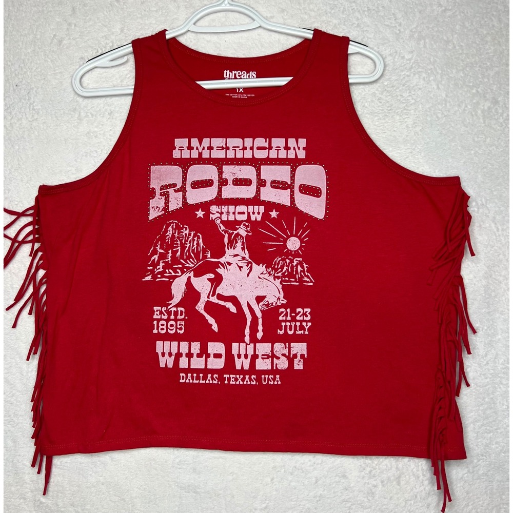 Threads on 9th Womens 1X Red American Rodeo Fringe Graphic Tank Top Wild West